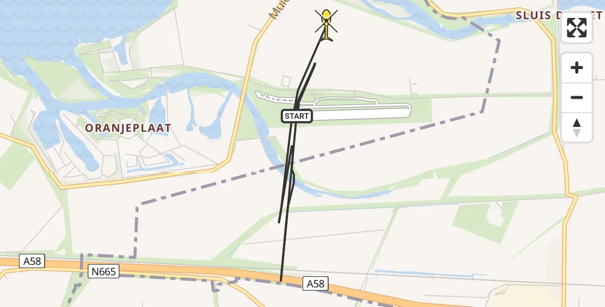 Routekaart van de vlucht: Kustwachthelikopter naar Vliegveld Midden-Zeeland, Muidenweg