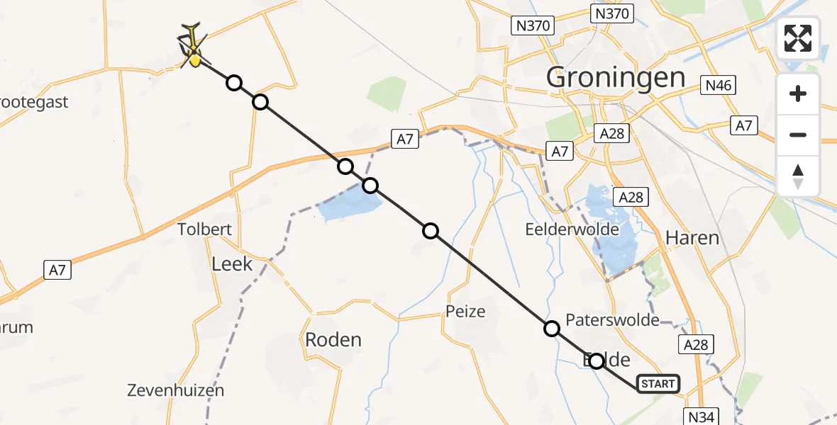 Routekaart van de vlucht: Lifeliner 4 naar Niekerk, Hoofdweg