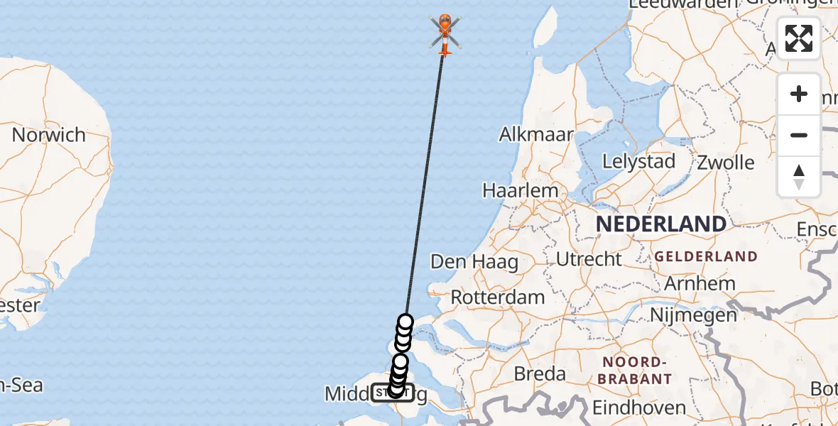 Vluchtroute Kustwachthelikopter Vliegveld Midden-Zeeland - , 09 februari 2025, 10:52