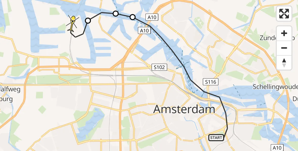 Routekaart van de vlucht: Lifeliner 1 naar Amsterdam Heliport, Zeemagazijnkade