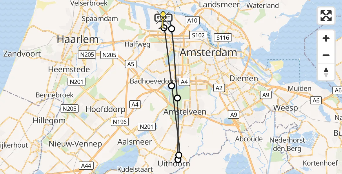 Vluchtroute Traumahelikopter van Amsterdam Heliport naar Amsterdam Heliport