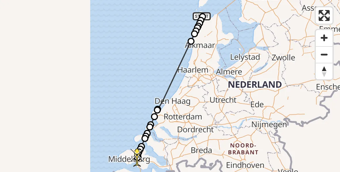 Routekaart van de vlucht: Kustwachthelikopter naar Vliegveld Midden-Zeeland, Oostoeverweg