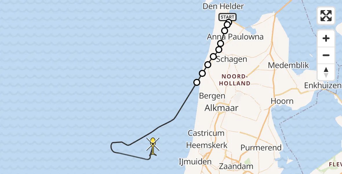 Vluchtroute Kustwachthelikopter van Vliegveld De Kooy naar 