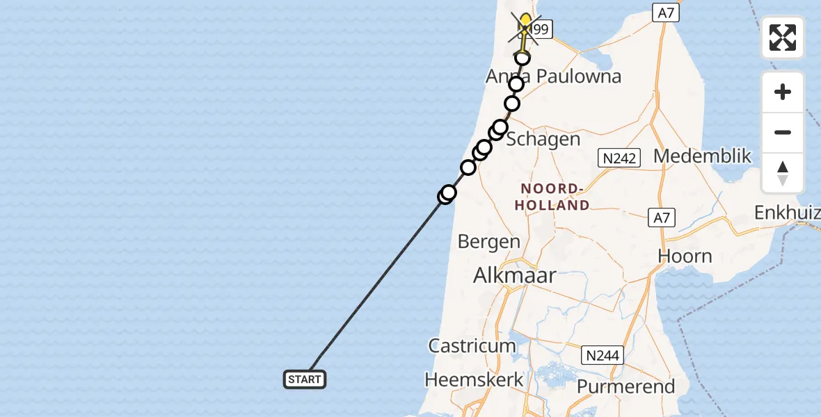 Routekaart van de vlucht: Kustwachthelikopter naar Julianadorp, Rijksweg