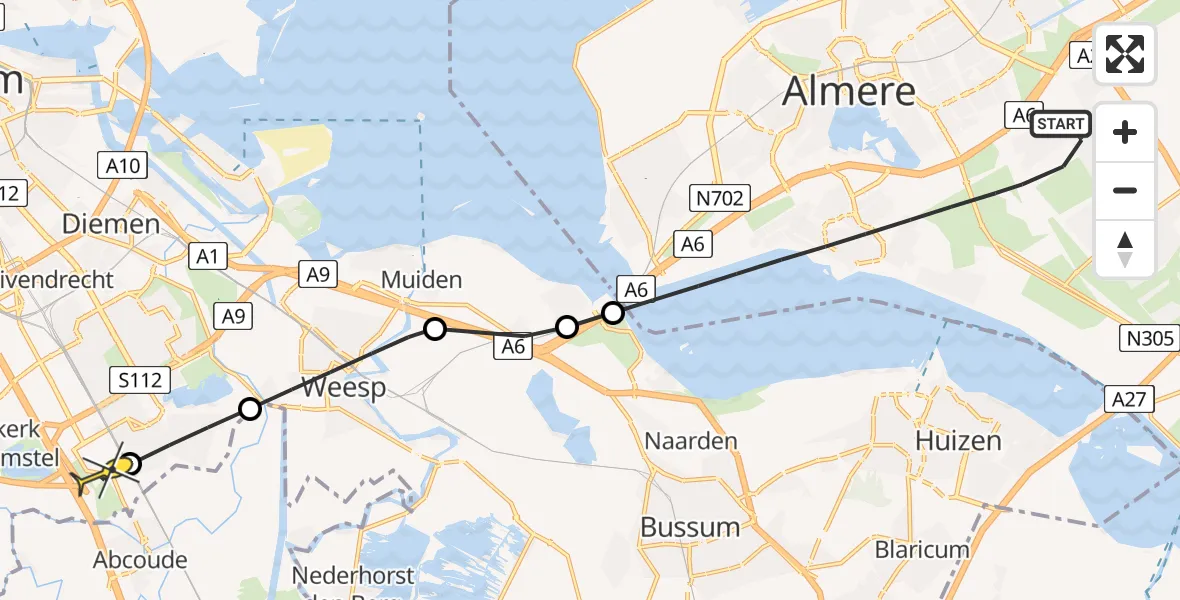 Routekaart van de vlucht: Lifeliner 1 naar Academisch Medisch Centrum (AMC), Kievitstocht