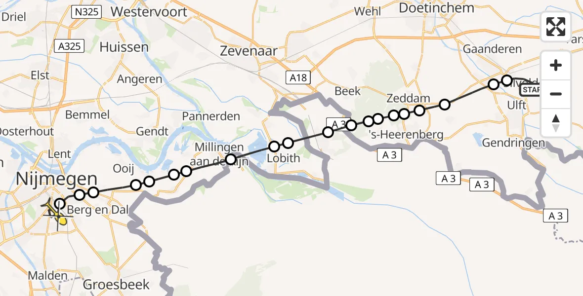 Routekaart van de vlucht: Lifeliner 3 naar Radboud Universitair Medisch Centrum, Terborgseweg