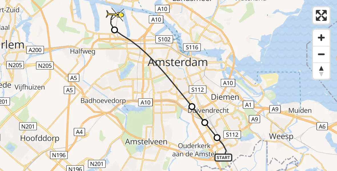 Routekaart van de vlucht: Lifeliner 1 naar Amsterdam Heliport, Pietersbergweg