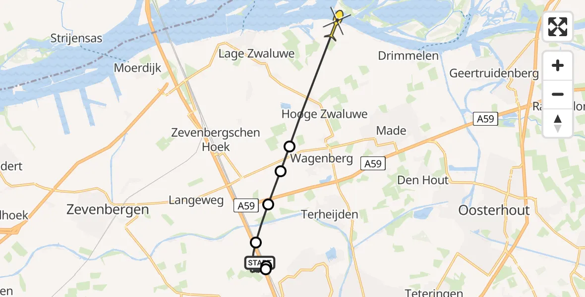 Routekaart van de vlucht: Politiehelikopter naar Drimmelen, Kettingdreef