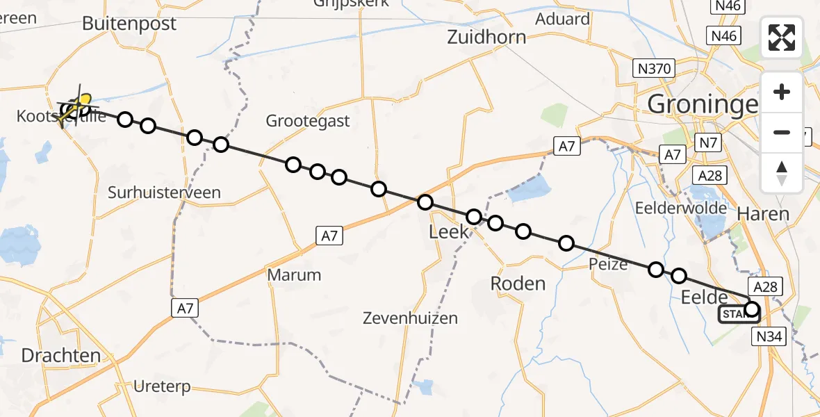 Routekaart van de vlucht: Lifeliner 4 naar Kootstertille, Oosterbroek