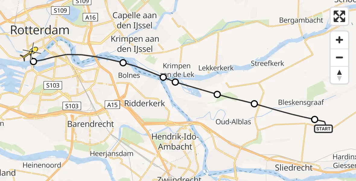 Routekaart van de vlucht: Lifeliner 2 naar Erasmus MC, Kweldamweg