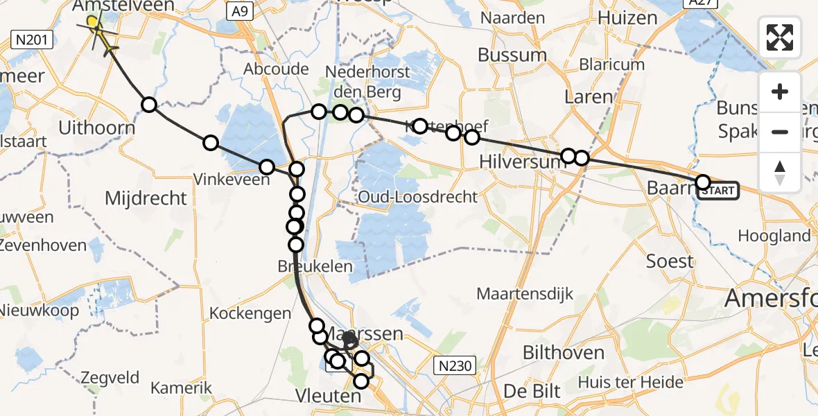 Routekaart van de vlucht: Politieheli naar Amstelveen, de Geerenweg