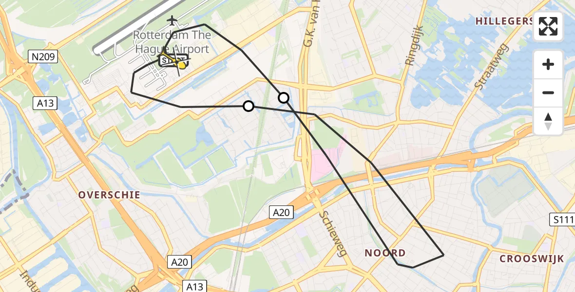 Routekaart van de vlucht: Politiehelikopter naar Rotterdam The Hague Airport, Beekweg