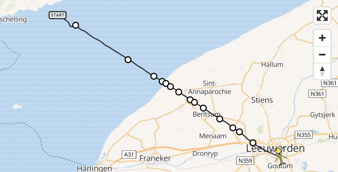 Routekaart van de vlucht: Ambulanceheli naar Leeuwarden, Borniastraat