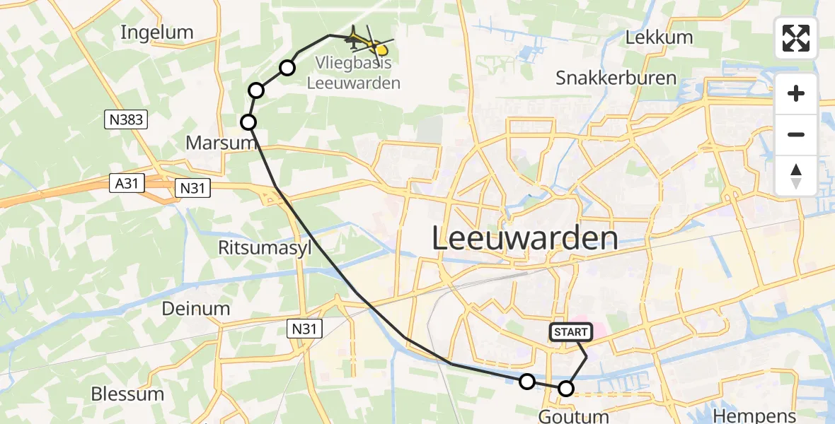 Routekaart van de vlucht: Ambulanceheli naar Vliegbasis Leeuwarden, Jynkade