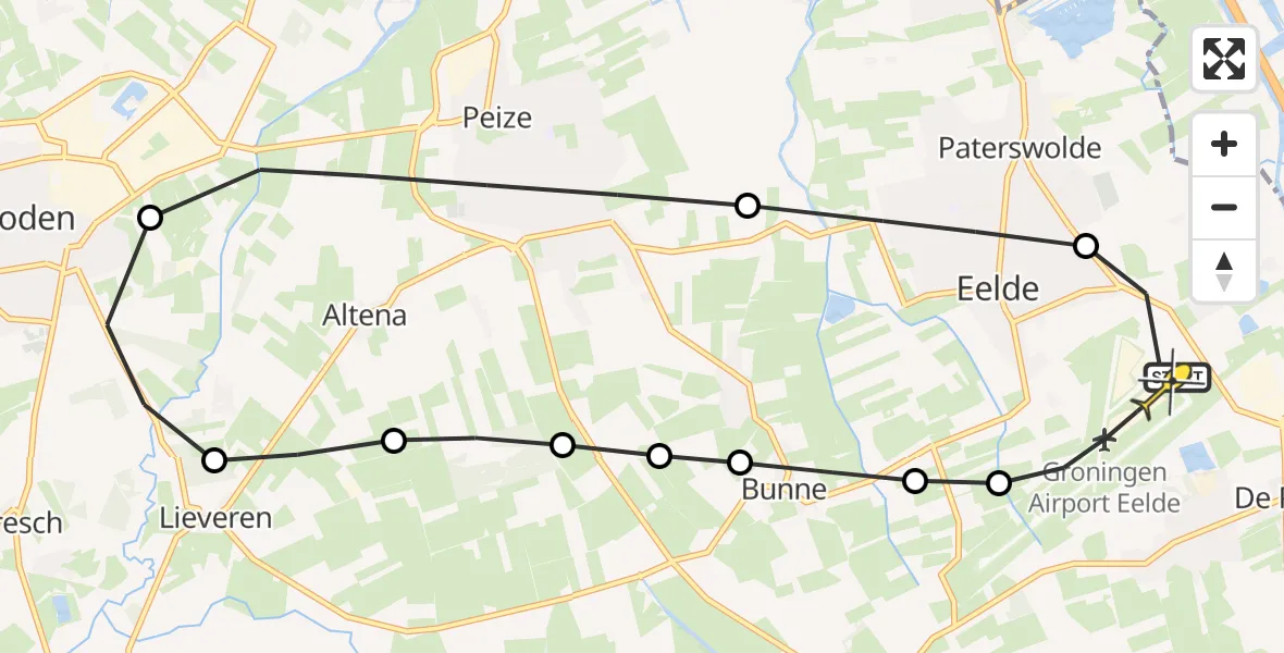 Routekaart van de vlucht: Lifeliner 4 naar Groningen Airport Eelde, Burgemeester J.G. Legroweg