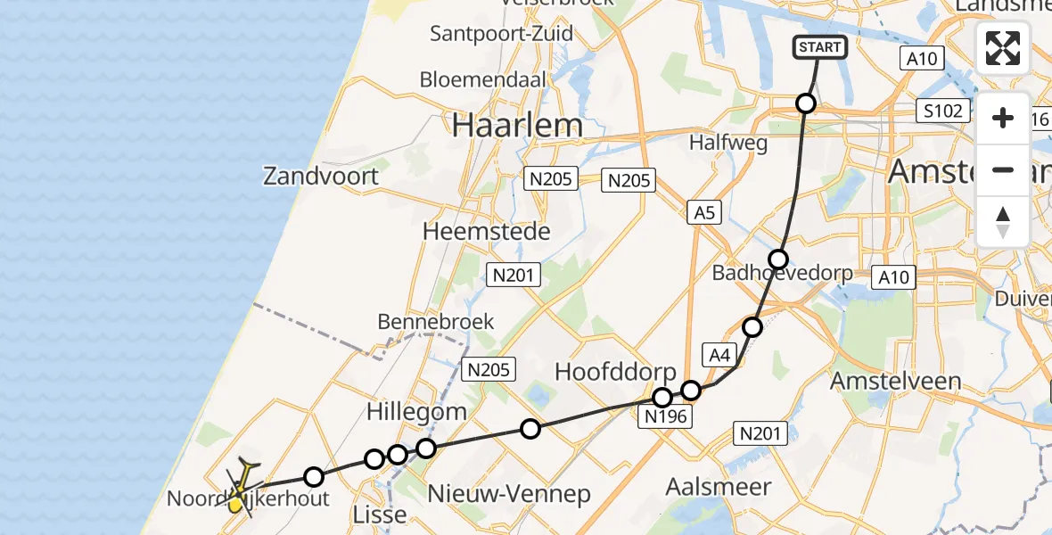 Routekaart van de vlucht: Lifeliner 1 naar Noordwijkerhout, Nieuw-Zeelandweg