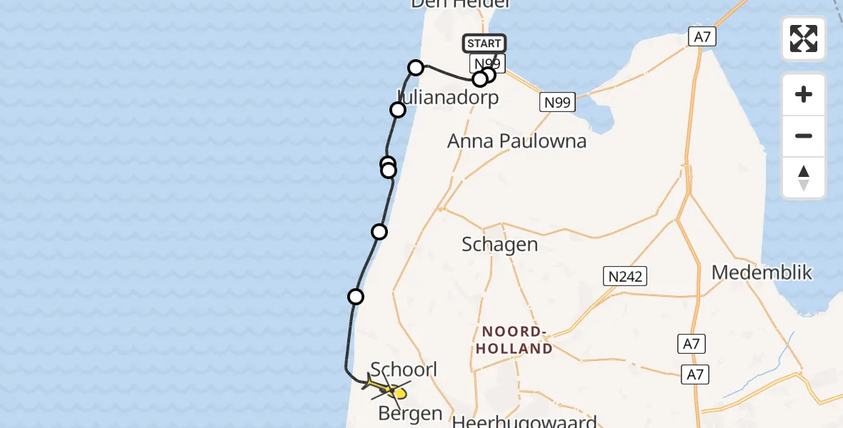 Routekaart van de vlucht: Kustwachthelikopter naar Schoorl, Oostoeverweg