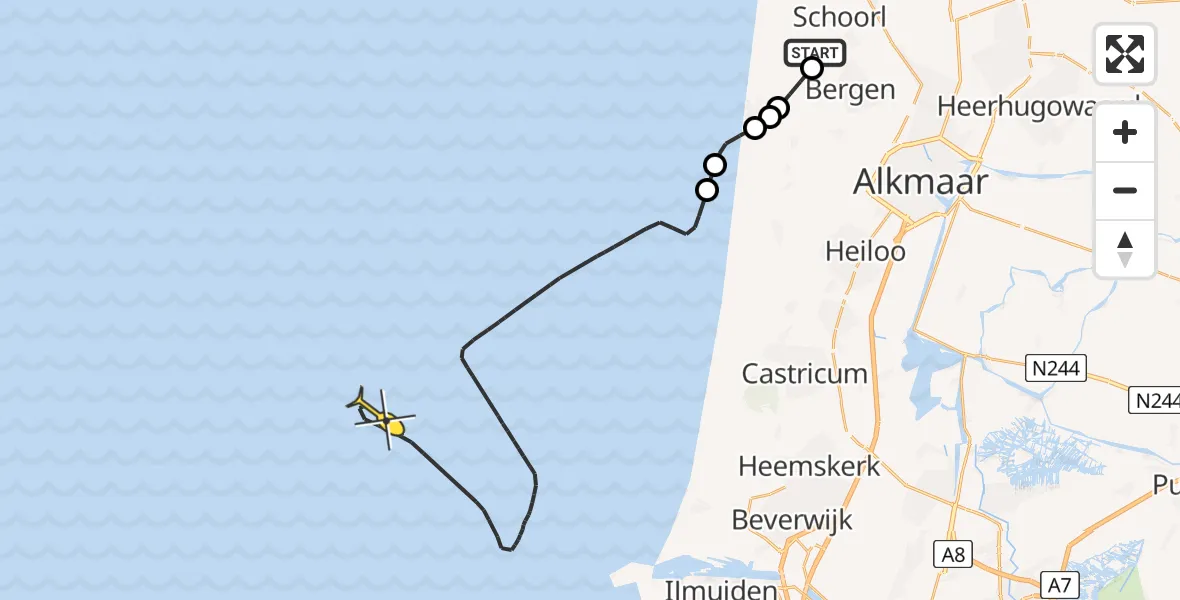 Routekaart van de vlucht: Kustwachthelikopter naar Paardenweide