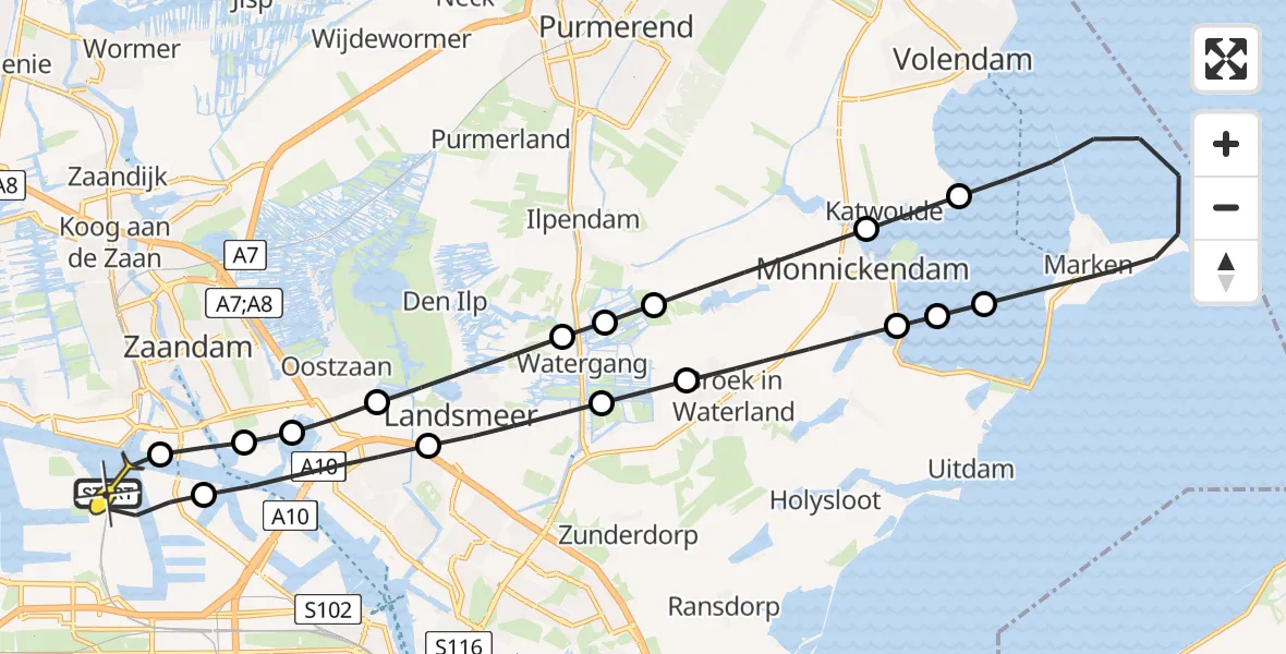 Vluchtroute Traumahelikopter van Amsterdam Heliport naar Amsterdam Heliport