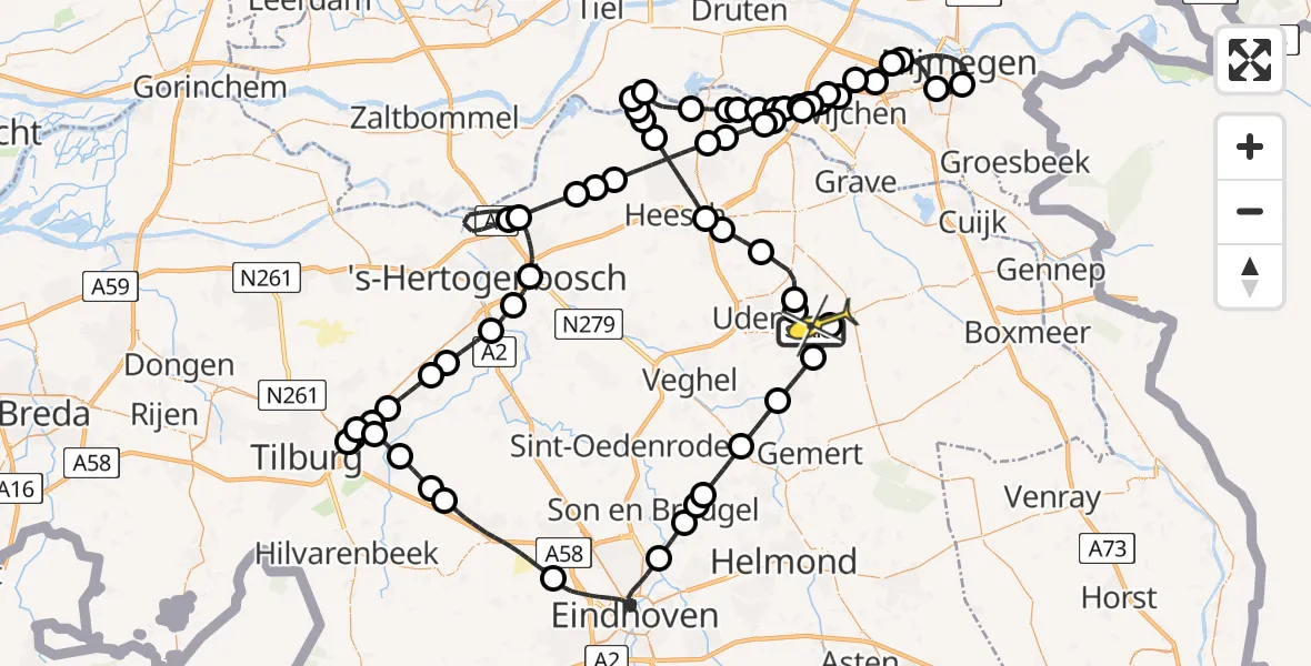 Vluchtroute Politiehelikopter van Vliegbasis Volkel naar Vliegbasis Volkel