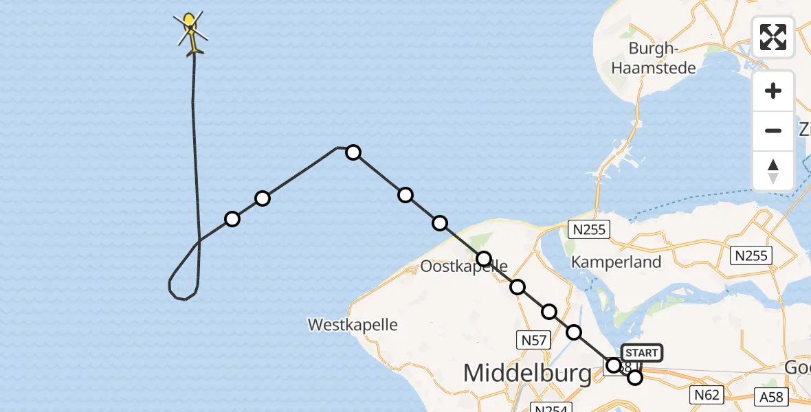 Routekaart van de vlucht: Kustwachthelikopter naar Noord Kraaijertsedijk