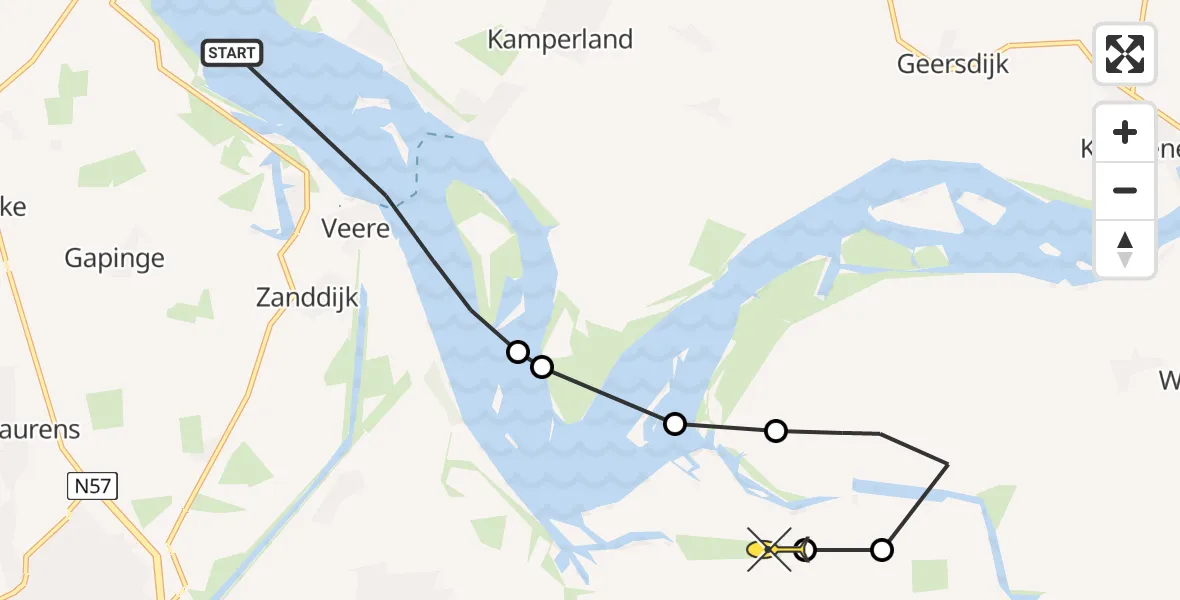 Routekaart van de vlucht: Kustwachthelikopter naar Vliegveld Midden-Zeeland, Havenhoofd