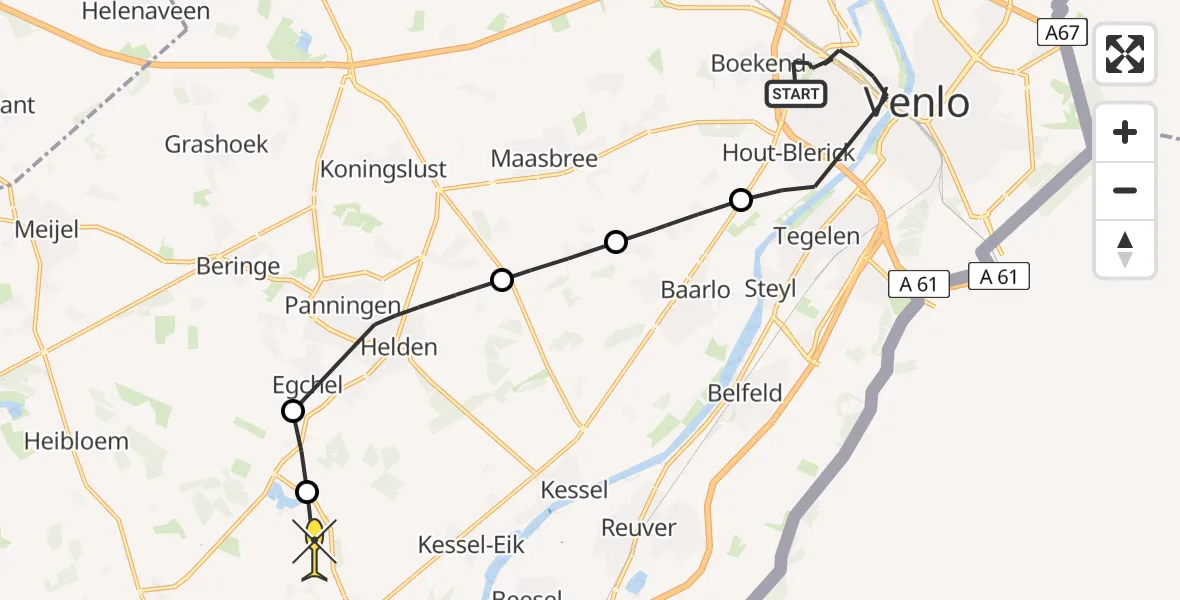 Routekaart van de vlucht: Politieheli naar Neer, Klingerbergsingel