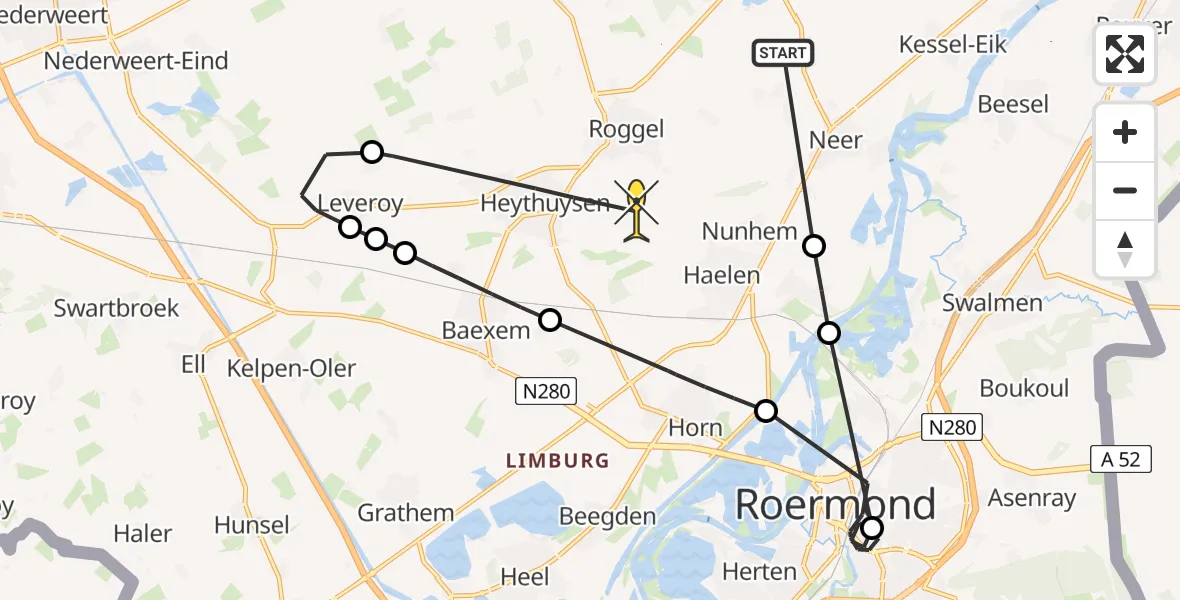 Routekaart van de vlucht: Politieheli naar Haelen, Meiboomkensweg