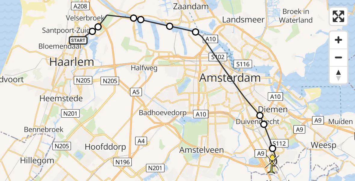 Routekaart van de vlucht: Lifeliner 1 naar Academisch Medisch Centrum (AMC), Grote Tocht