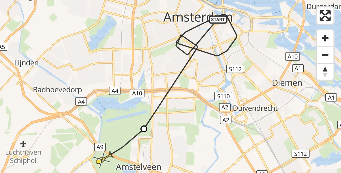 Routekaart van de vlucht: Politieheli naar Amstelveen, Johannes Vermeerstraat