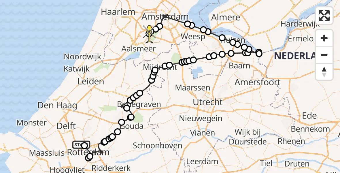 Routekaart van de vlucht: Politieheli naar Schiphol, Hof van Maasdam