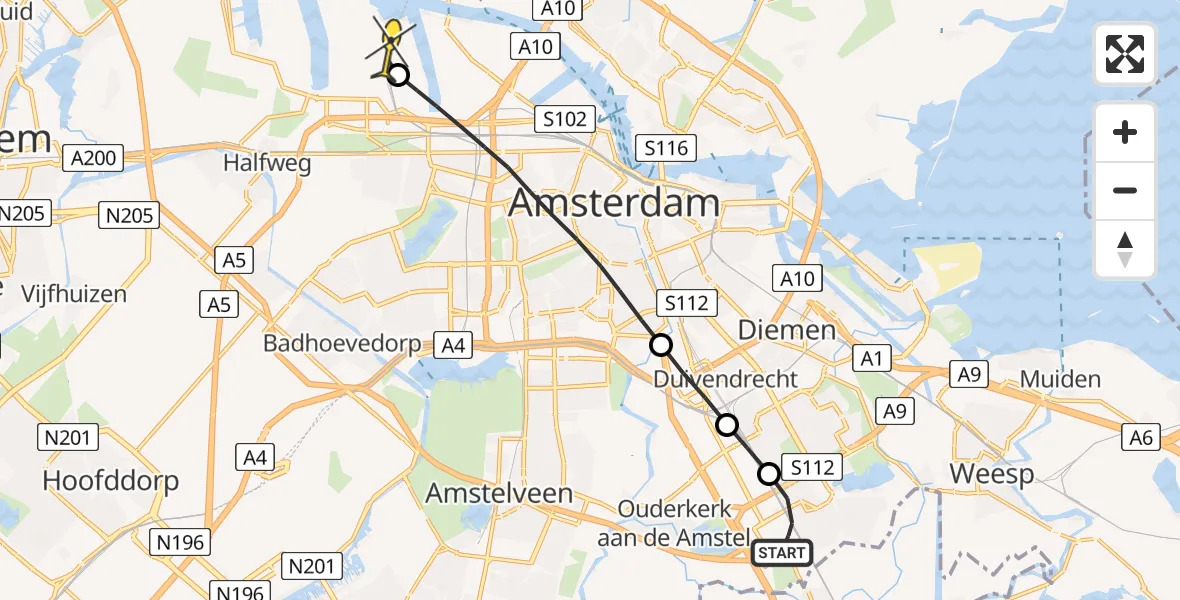 Routekaart van de vlucht: Lifeliner 1 naar Amsterdam Heliport, Heesterveld