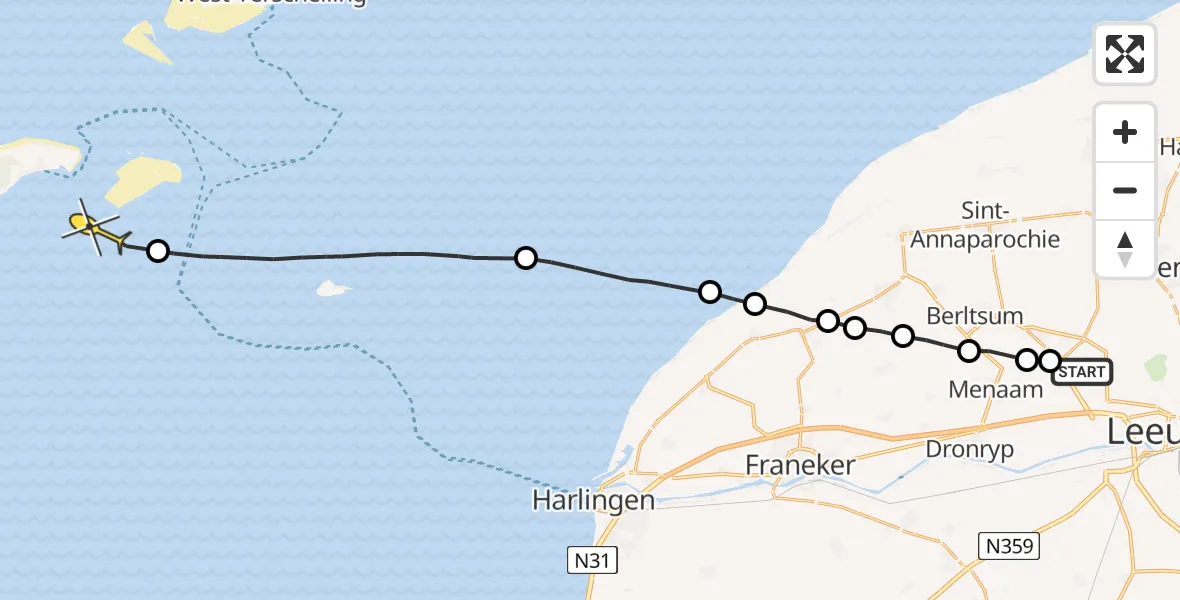 Routekaart van de vlucht: Ambulanceheli naar Vlieland, Westerwirdsleane