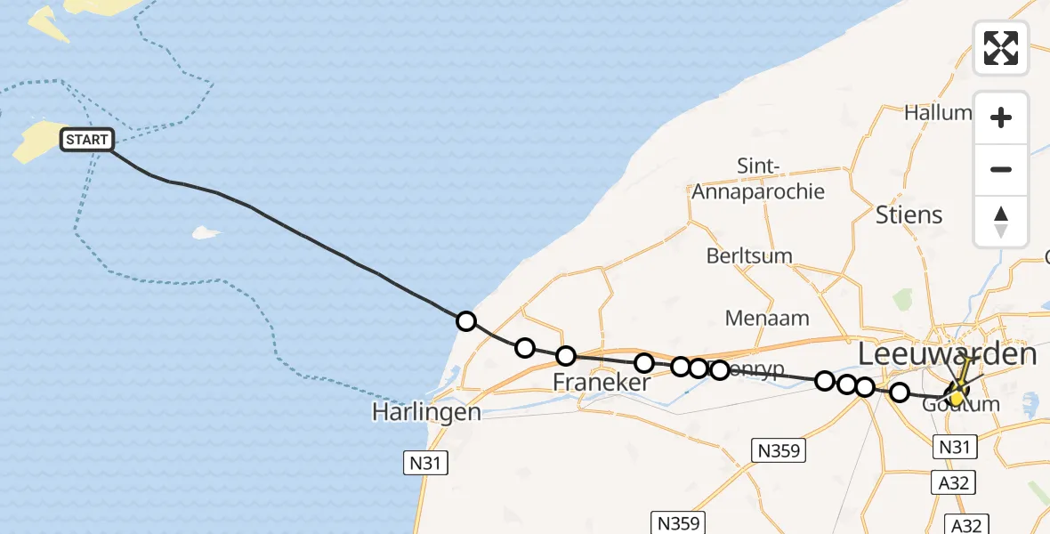 Routekaart van de vlucht: Ambulanceheli naar Leeuwarden, Vliestroom