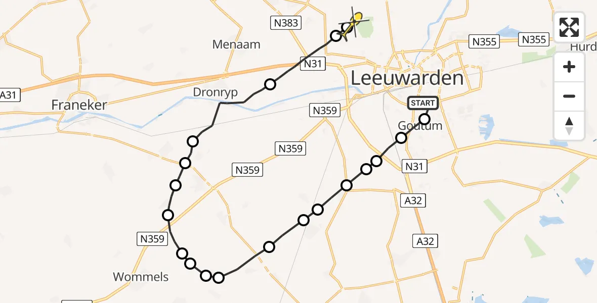 Routekaart van de vlucht: Ambulanceheli naar Vliegbasis Leeuwarden, It Giele Fjild