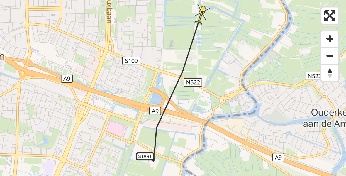 Routekaart van de vlucht: Politiehelikopter naar Amstelveen, Oranjebaan