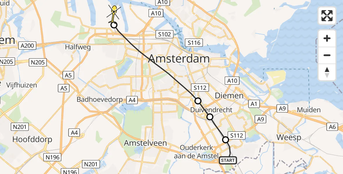 Routekaart van de vlucht: Lifeliner 1 naar Amsterdam Heliport, Hoogoorddreef