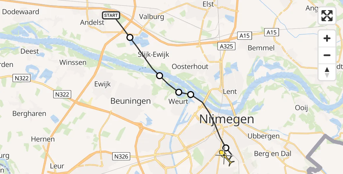 Routekaart van de vlucht: Lifeliner 3 naar Radboud Universitair Medisch Centrum, Schebbelaarsedwarsstraat