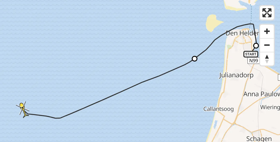 Vluchtroute Kustwachthelikopter van Vliegveld De Kooy naar 