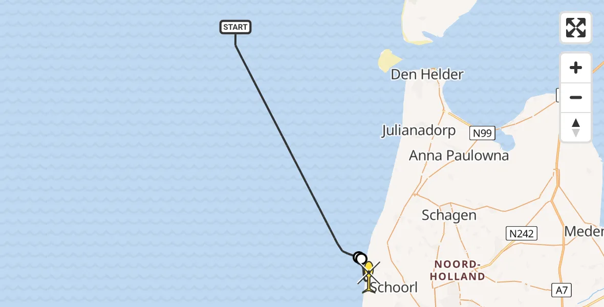 Routekaart van de vlucht: Kustwachthelikopter naar Schoorl, Hargerstrandweg