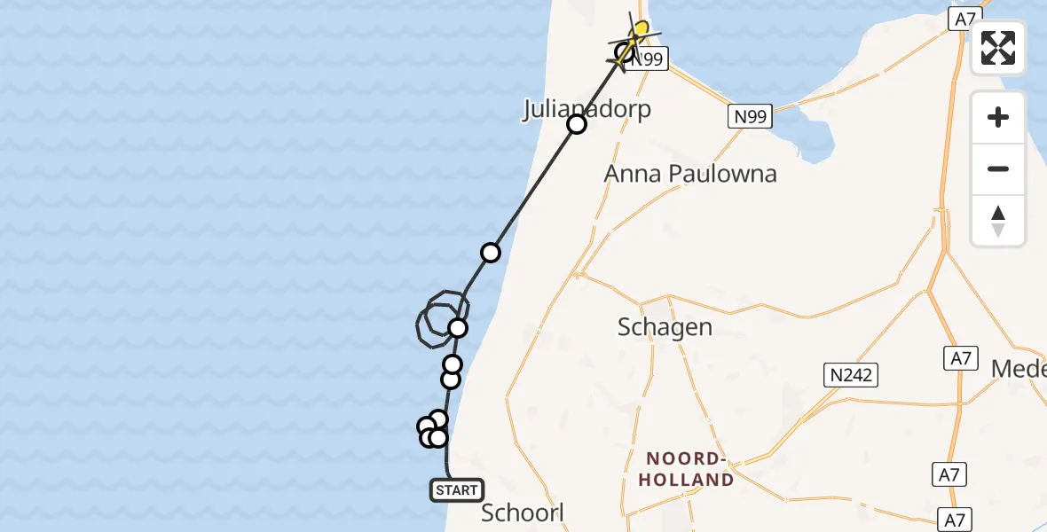 Routekaart van de vlucht: Kustwachthelikopter naar Vliegveld De Kooy, Strand Camperduin