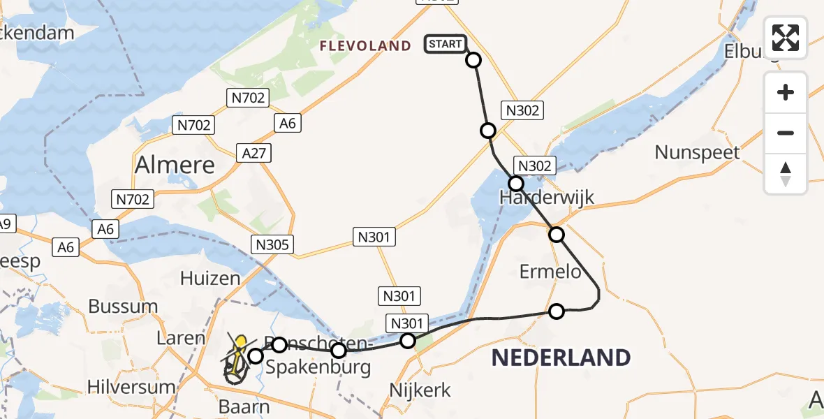 Routekaart van de vlucht: Politieheli naar Eemnes, Eendenweg