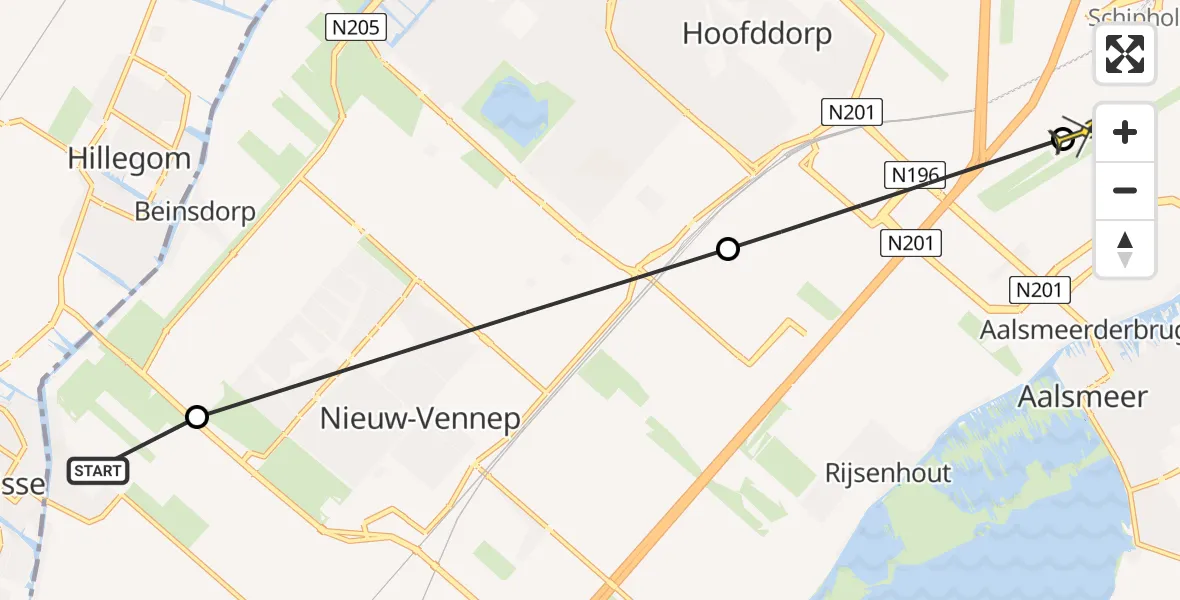 Routekaart van de vlucht: Politieheli naar Schiphol, Leimuiderweg