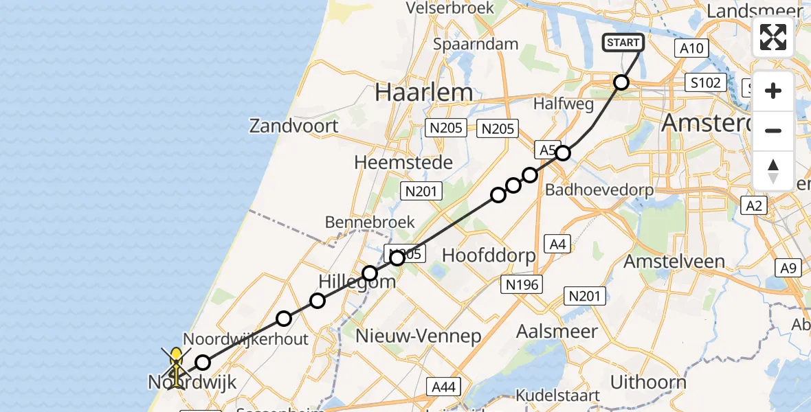 Routekaart van de vlucht: Lifeliner 1 naar Noordwijk, Hemweg