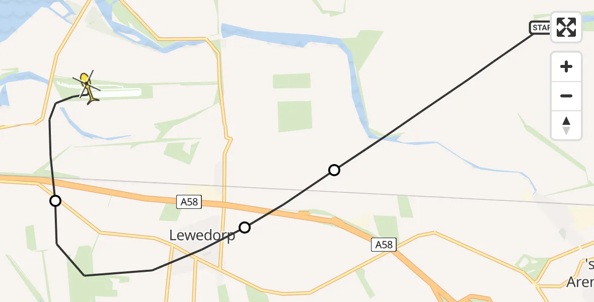 Routekaart van de vlucht: Politiehelikopter naar Vliegveld Midden-Zeeland, Broeder-en Zusterpolderweg