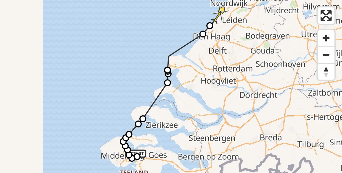 Routekaart van de vlucht: Politieheli naar Wassenaar, Noord Kraaijertsedijk