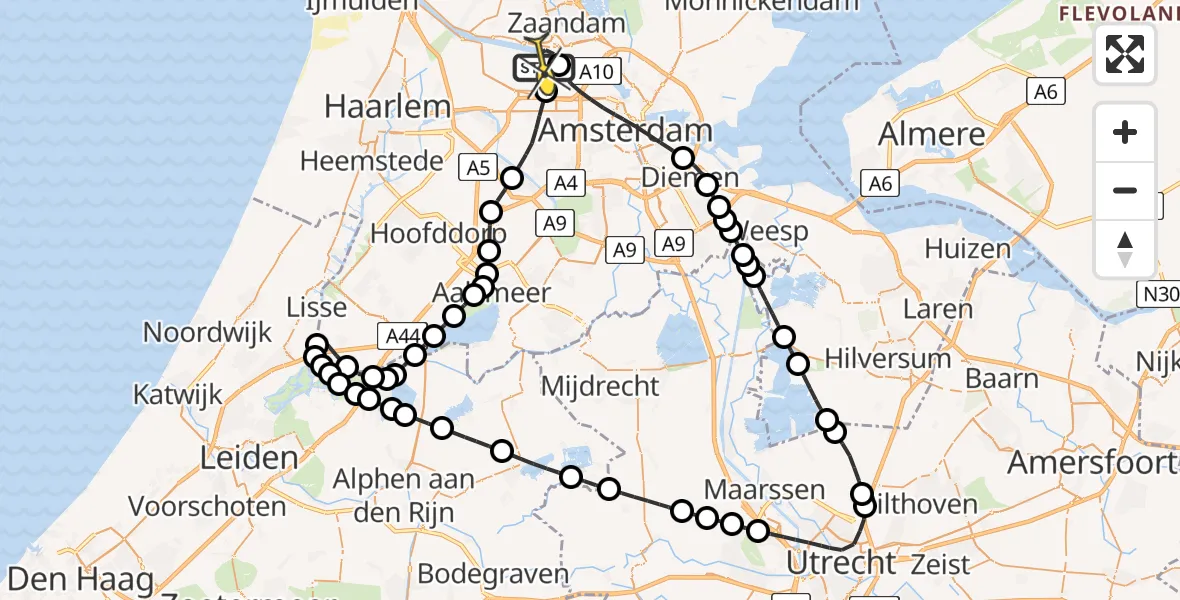 Vluchtroute Traumahelikopter van Amsterdam Heliport naar Amsterdam Heliport