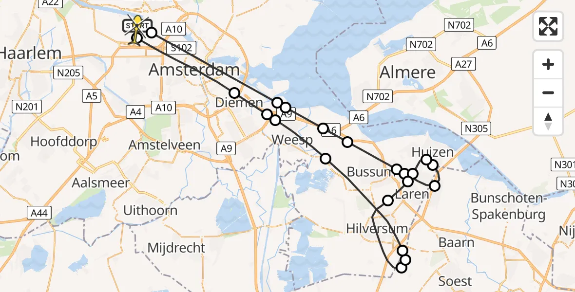 Vluchtroute Traumahelikopter van Amsterdam Heliport naar Amsterdam Heliport
