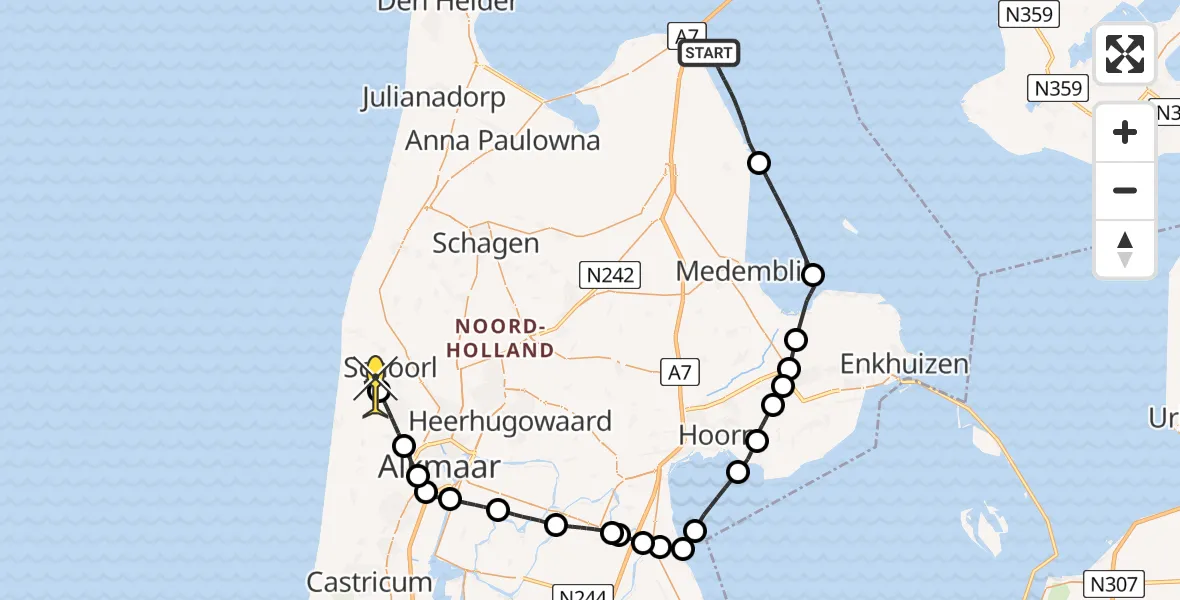 Routekaart van de vlucht: Kustwachthelikopter naar Schoorl, Noorderdijkweg