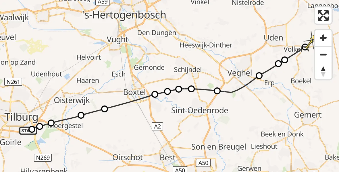 Routekaart van de vlucht: Lifeliner 3 naar Vliegbasis Volkel, Eindhovenseweg